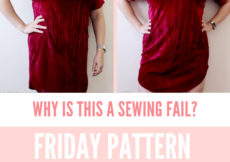 2 side by side images of a curly haired Latina woman in a handmade velvet dress standing in front of a map of the USA on a blank white wall not looking very happy. Text below image reads Why Is This a Sewing Fail? Friday Pattern Company Sunny Dress petite font dot com