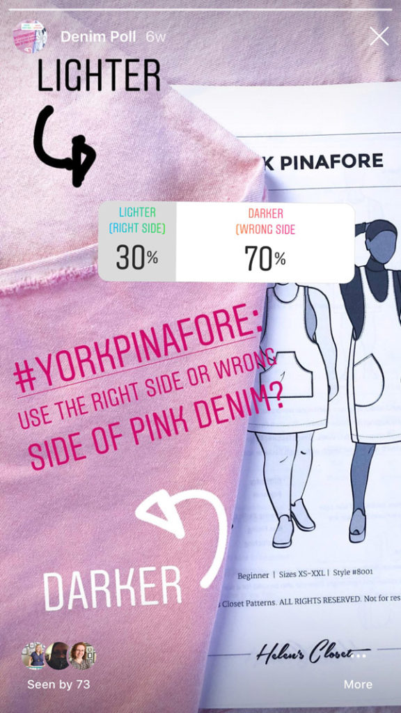 Instagram stories poll to choose which side of pink denim to use as outside