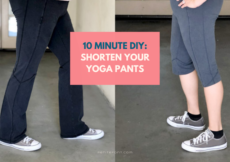 2 images of yoga pants, one long to the ground and one cropped to below the knee. Text reads "10 minute DIY: shorten your yoga pants"