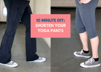 2 images of yoga pants, one long to the ground and one cropped to below the knee. Text reads "10 minute DIY: shorten your yoga pants"