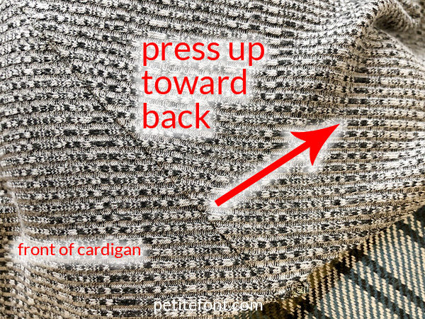 Como Cardigan Sew Along: arrow showing correct direction to press dart on a tailor ham