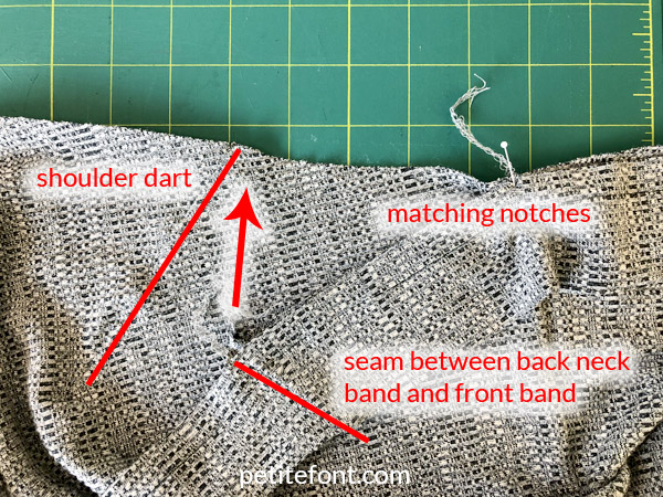 Como Cardigan Sew Along: match neck band seam to shoulder dart and match notches down front