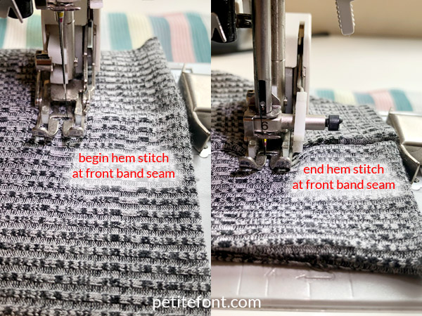 Como Cardigan Sew Along: begin and end hem stitch right at the front band seam