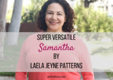 Woman in coral orange sweater with text overlay super versatile Samantha by Laela Jeyne Patterns