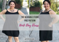 2 views of woman in black sundress with text overlay The Wearable Studio Free Pattern Heidi Day Dress, Petite Font dot com