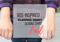 Woman's arms stretched forward showing too much wrist with text overlay in black and red that reads 90s-inspired flannel shirt Sedona shirt fail, petite font dot com