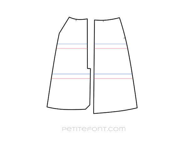 Line drawing of front and back skirt patterns with red lines indicating where they can be shortened and parallel blue lines above the red ones indicating how much to cut off