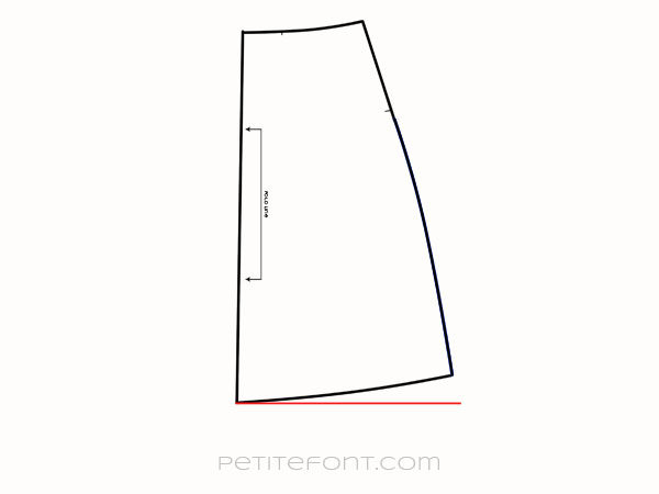 Line drawing of back skirt pattern piece with red line drawn perpendicular to center back