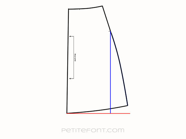 Line drawing of back skirt pattern piece with red line drawn perpendicular to center back and new blue line parallel to center back from hip point to new red line