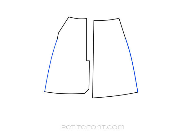 Line drawing of shortened front and back skirt pattern pieces with seam lines smoothed out