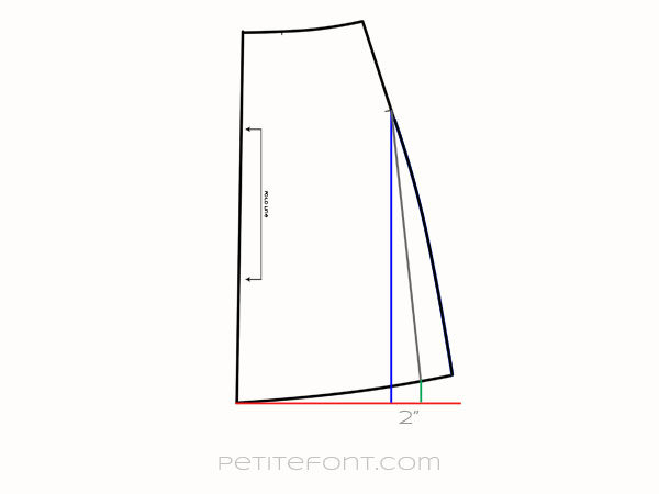 Line drawing of back skirt pattern piece with red line drawn perpendicular to center back, blue line from hip point to red line and new green line indicating 2-inch difference from blue line with new grey line drawn from hip point to green line
