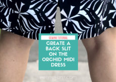 Zoomed in image of a woman's skirt and the backs of her calves, the skirt shows a back slit. Green box in middle of image has text overlay that reads: sewing tutorial create a back slit on the orchid midi dress