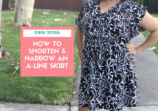 Picture of a woman's dress next to a pink box with text overlay that reads Sewing Tutorial: how to shorten and narrow an a-line skirt. Petite font dot com.