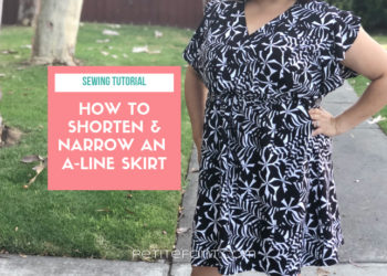 Picture of a woman's dress next to a pink box with text overlay that reads Sewing Tutorial: how to shorten and narrow an a-line skirt. Petite font dot com.