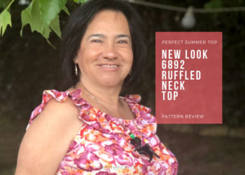 Woman in sleeveless floral shirt with white text on pink background that reads Perfect for Summer New Look 6892 ruffled neck top pattern review, petite font dot com