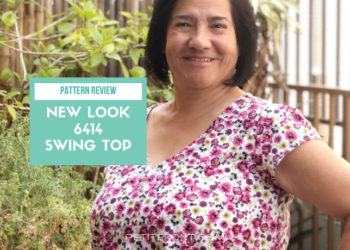 A woman with short black hair has her left hand on her hip and a big smile on her face, with a green text box next to her that reads "pattern review new look 6414 swing top" and a web address at the bottom of petite font dot com.