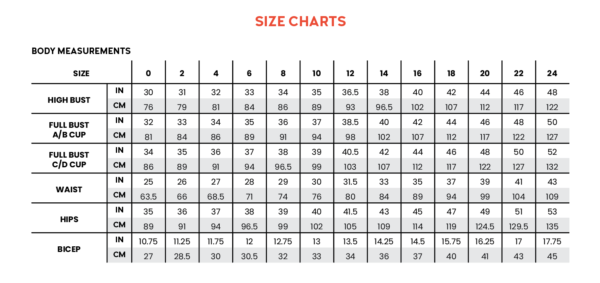 Size chart for Chalk & Notch Orchid dress