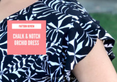 Image of a woman's shoulder and arm wearing a black and white dress and a pink square with text that reads pattern review chalk and notch orchid dress. Then a website address at the bottom that reads petite font dot com.