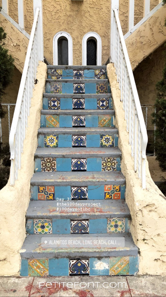 Image of stairs with interesting tiles text reads Day 37 hashtag the 100 day project hashtag 100 days of lbc, Alamitos Beach, Long Beach, Cali...Petite Font dot com.
