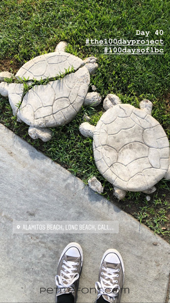 Image of stone turtles on grass, one broken down the back with grass growing through, and grey Converse shoes at the bottom of the picture. Text reads Day 40 hashtag the 100 day project hashtag 100 days of lbc, Alamitos Beach Long Beach Cali..., petite font dot com.