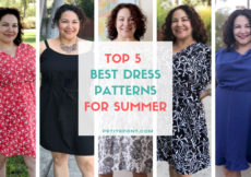 5 images of a curly haired brunette in different dresses. White box has text that reads Top 5 Best Dress Patterns for Summer. Petite font dot com.