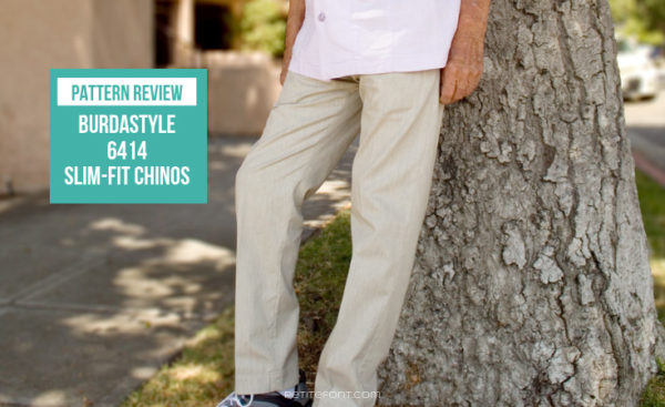 Man standing against tree in light colored linen pants with text overlay that reads Pattern Review BurdaStyle 6815 Slim Fit Chinos, Petite Font dot com