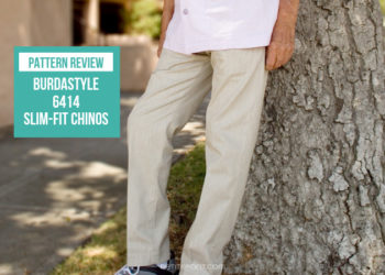 Man standing against tree in light colored linen pants with text overlay that reads Pattern Review BurdaStyle 6815 Slim Fit Chinos, Petite Font dot com