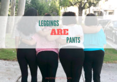 Back view of 4 women wearing black leggings with their arms around each other and text overlay that reads leggings ARE pants