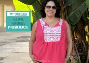 Curly haired Latina woman in a pink silk and lace handmade sleeveless blouse standing in front of a palm tree with text overlay that reads "pattern review hey june handmade Phoenix blouse, petite font dot com"