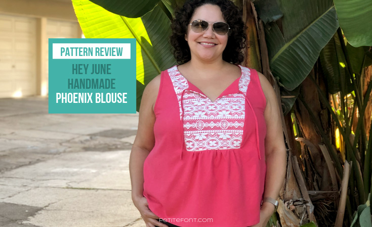 Curly haired Latina woman in a pink silk and lace handmade sleeveless blouse standing in front of a palm tree with text overlay that reads "pattern review hey june handmade Phoenix blouse, petite font dot com"