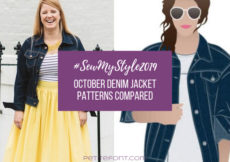 Image of a woman wearing a denim jacket, striped shirt, and yellow skirt next to a digital drawing of a woman in an oversized denim jacket with purple box overlayed with white text that reads #sew my style 2019: October denim jacket patterns compared