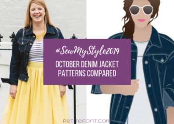 Image of a woman wearing a denim jacket, striped shirt, and yellow skirt next to a digital drawing of a woman in an oversized denim jacket with purple box overlayed with white text that reads #sew my style 2019: October denim jacket patterns compared