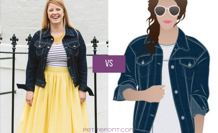 Image of a woman wearing a denim jacket, striped shirt, and yellow skirt next to a digital drawing of a woman in an oversized denim jacket with purple box overlayed with white text that reads VS