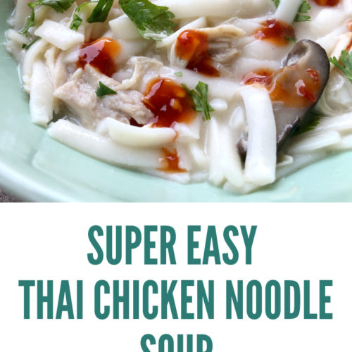 Close-up of chicken noodle soup, or tom kha gai, in a green bowl with text below that reads super easy Thai chicken noodle soup, petite font dot com
