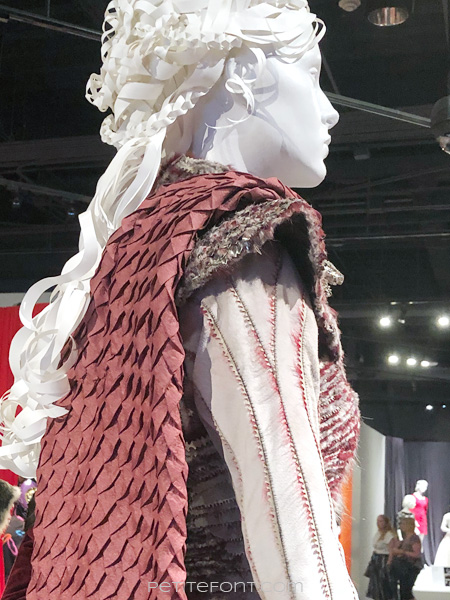 Detail of shoulder and sleeve seams on Queen Daenerys Targaryen's costume in the Game of Thrones costumes exhibition at FIDM Museum