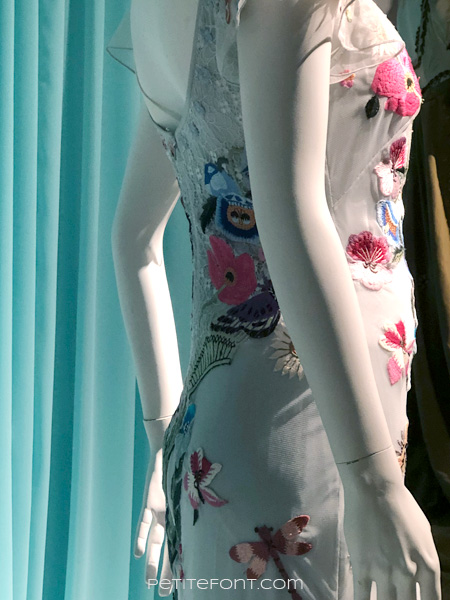 Close up image of the back of a mannequin wearing a very delicate grey blue mesh dress with ornate bird and flower embroider all around, from FIDM's 13th Art of Television Costume Design exhibit