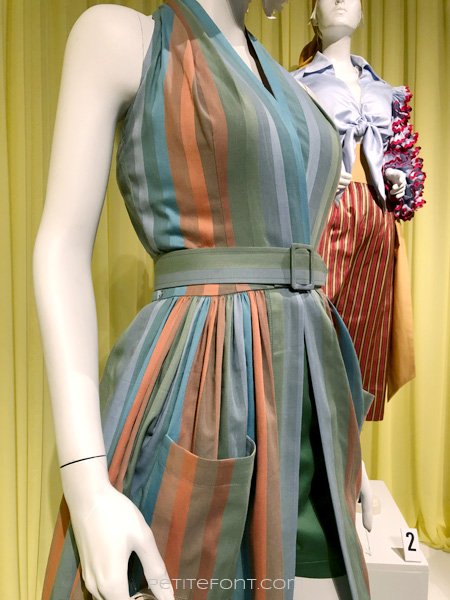 Striped halter dress on a mannequin from the Amazon Prime show The Marvelous Mrs. Maisel, from FIDM 13th Art of Television Costume Design exhibit