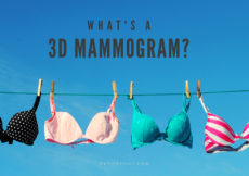 Clothesline with various bras pinned to it against a clear blue sky with text above that reads "what's a 3d mammogram?" petite font dot com