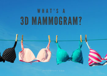 Clothesline with various bras pinned to it against a clear blue sky with text above that reads "what's a 3d mammogram?" petite font dot com