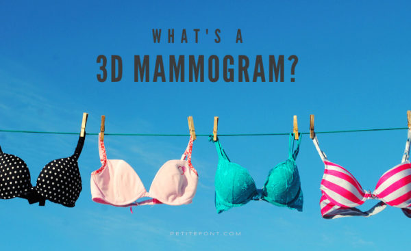 Clothesline with various bras pinned to it against a clear blue sky with text above that reads "what's a 3d mammogram?" petite font dot com