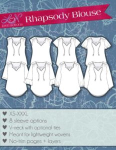 Blue background with 8 line drawings illustrating the options of the Love Notions Sewing Patterns Rhapsody Blouse