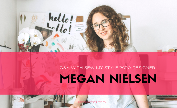 Megan Nielsen wearing glasses, a grey t-shirt, and light jeans sitting on her desk with pink textbox overlay that reads Q&A with sew my style 2020 designer, petitefont.com