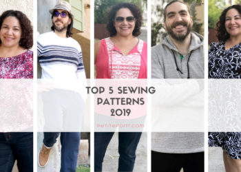 Images of woman and man in 5 different outfits with text in white box Top 5 Sewing Patterns 2019 petite font dot com