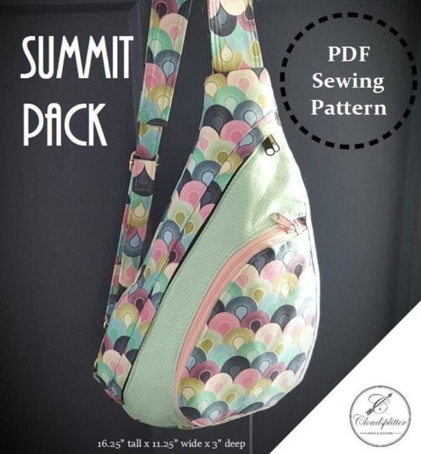 Image of a multi-colored Cloudsplitter Summit Pack against a grey background with text overlay that reads Summit Pack PDF Sewing Pattern