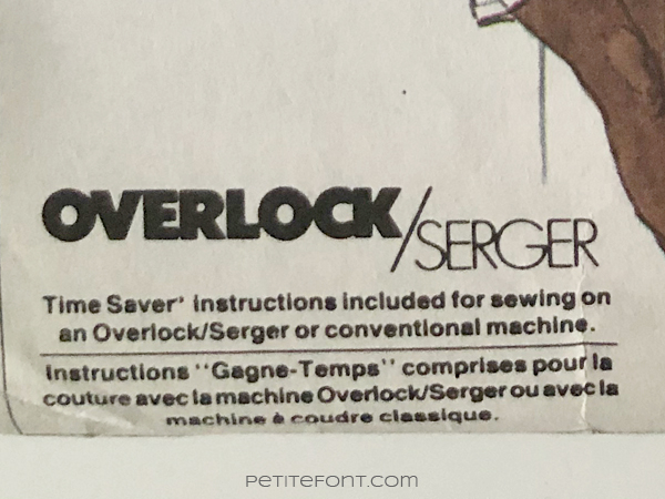 Text that reads Overlocker/Serger: time saver instructions included for sewing on an overlocker/serger or conventional machine