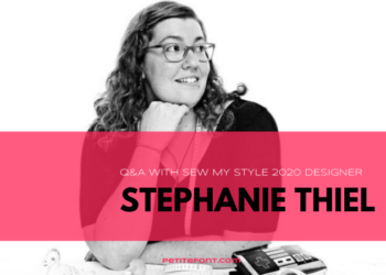 Black and white photo of Rad Pattern owner Stephanie Thiel in a dark top wearing glasses and looking off to the right while leaning against a white table with measuring tapes about and a bag that resembles an old school Nintendo controller in front of her with pink textbox overlay that reads Q&A with sew my style 2020 designer, petitefont.com