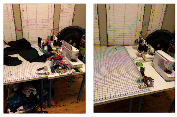 Side by side photos of Rad Pattern's Stephanie Theil's sewing space