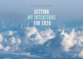 An expanse of poofy clouds in a blue sky with text that reads Goals for the Year: Setting My Intentions for 2020