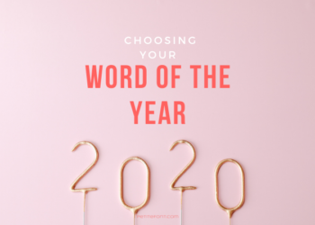 Pink background with gold 2020 on sticks at the bottom, text overlay reads Choosing your Word of the Year, PetiteFont.com