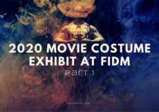 Dark smoky background with a golden Oscar statue in the middle. Text overlay reads 2020 movie costume exhibit at FIDM Part 1, PetiteFont.com